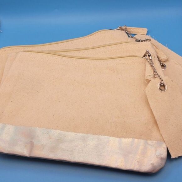3 Piece Gemline Zippered Metallic Makeup Cosmetic Pouch / Bag - 100% Cotton- New - Picture 1 of 5